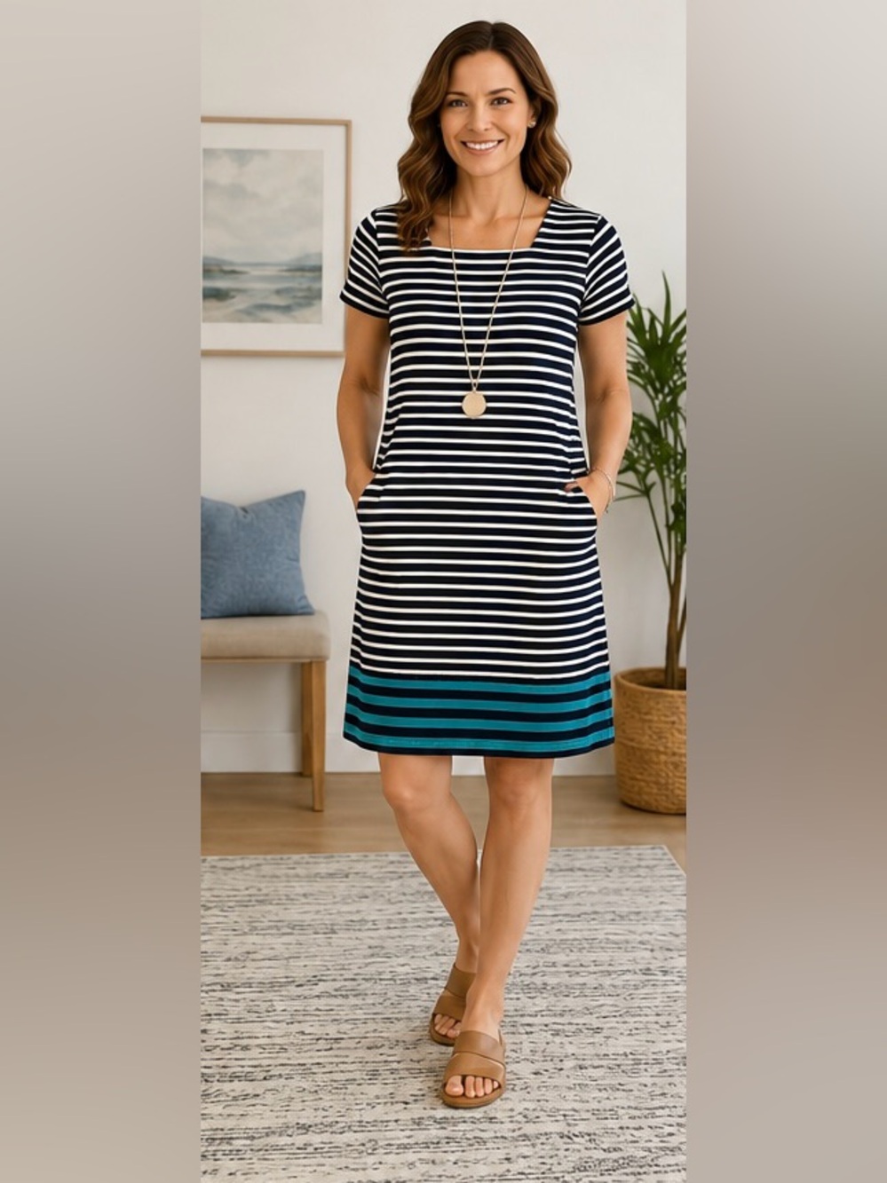 J. Jill Navy and White Striped Knit Shift Dress with Teal Accent